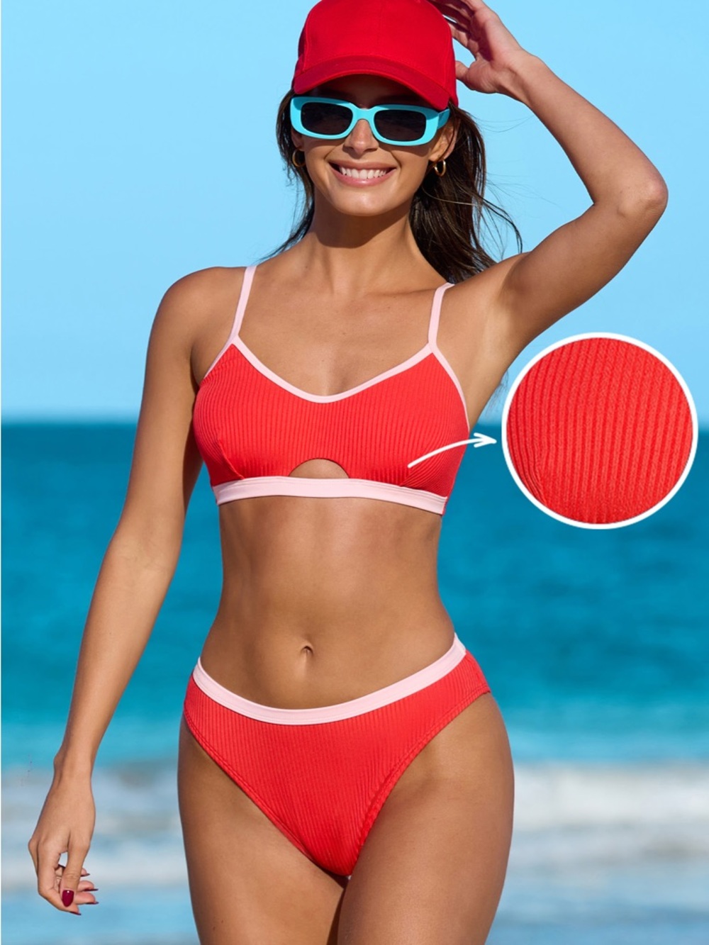 Cupshe Red Scoop Bralette Bikini Top & Mid-Rise Bottoms Set